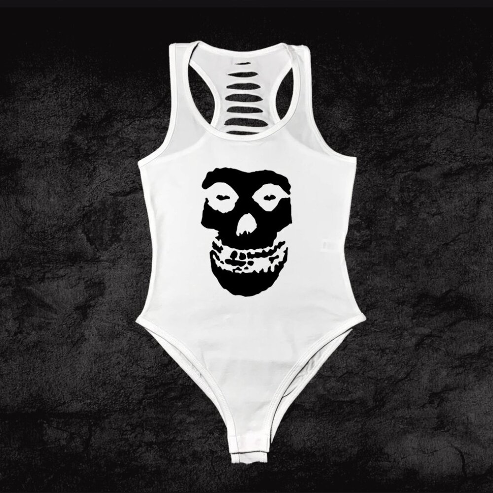 White Womens Misfit Band Handmade Bodysuit, Skull Outfit for concert, band shirt